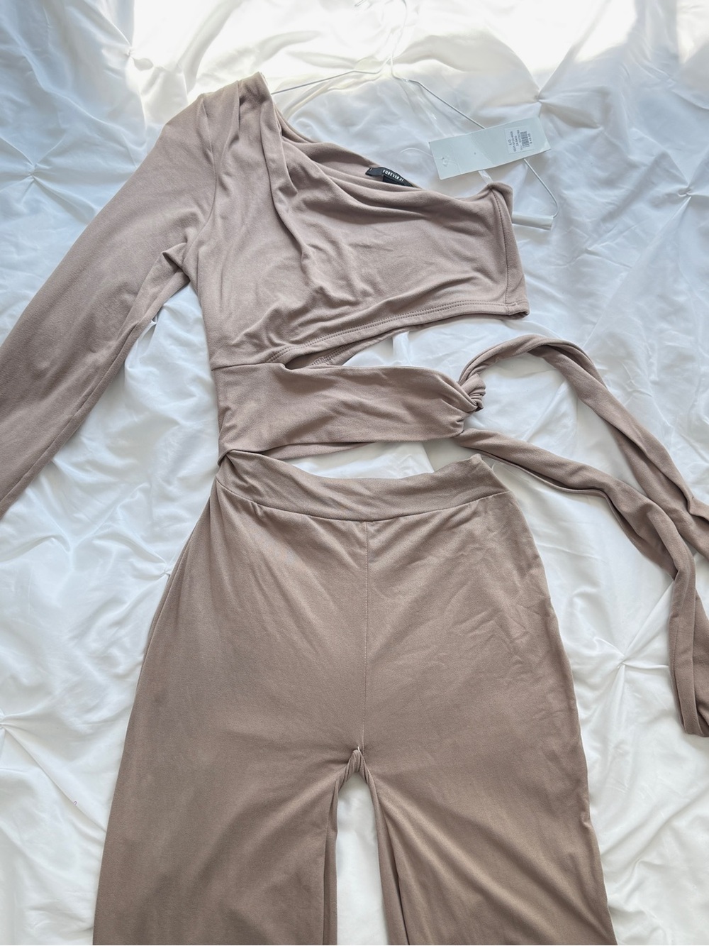 Forever 21 Taupe Asymmetrical One-Shoulder Jumpsuit with Cutout Long Sleeve